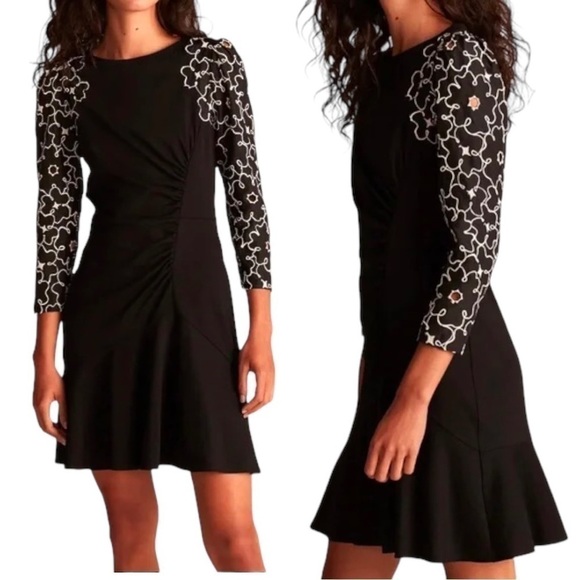 Rebecca Taylor Tai Silk Floral Embroidered Mini Dress With Lace Long Sleeve - Picture 4 of 10